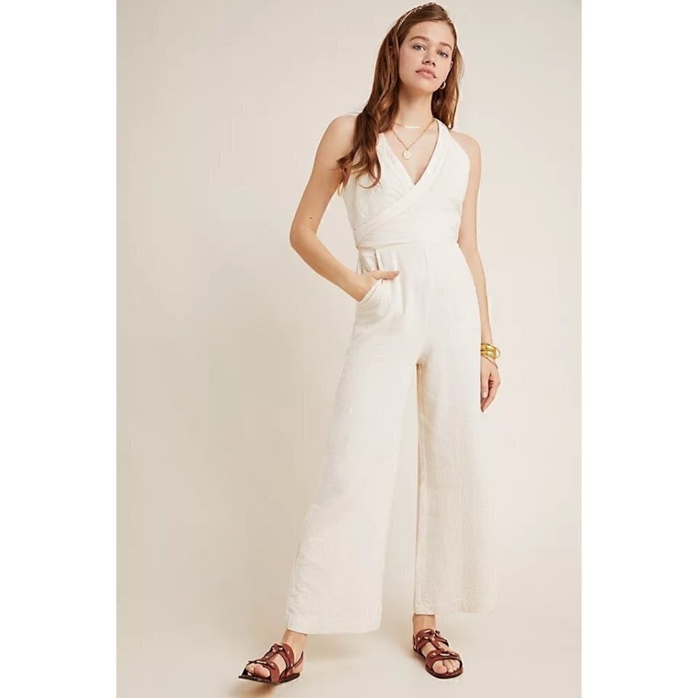 Anthropologie Demi Cream Textured Wide Leg Jumpsuit 14
